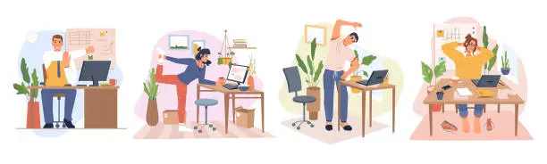 Vector illustration of Employees working from home or office stretching and doing small exercises at workplace to get rest and relaxation. Removing tension and muscle soreness. Cartoon characters, vector in flat style