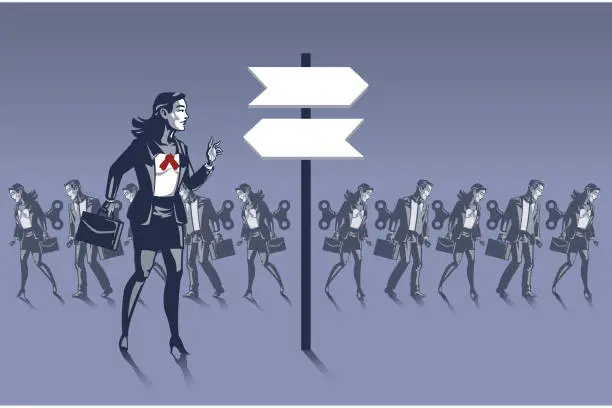 Vector illustration of Business Woman Standing in front of Street Sign Where Many Robot Employees Walk obediently