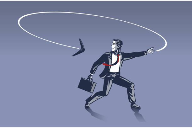 Businessman Surprised as Boomerang He Throws Goes back to Him from Behind . Business Illustration Concept of Consequences and Karma behind Every Step We Make Businessman Surprised as Boomerang He Throws Goes back to Him from Behind . Business Illustration Concept of Consequences and Karma behind Every Step We Make boomerang stock illustrations