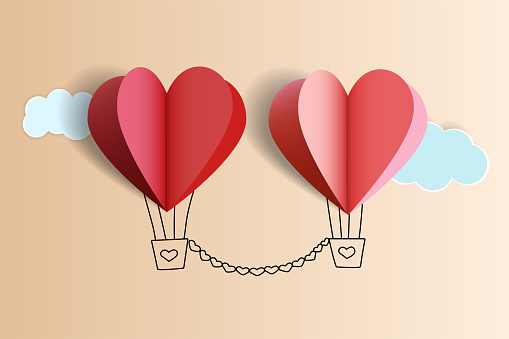 An illustration of love .The balloon-shaped heart is cut out of paper and clouds.Handmade crafts. Vector illustration. Cute love sale banner or greeting card. Honeymoon and wedding adventure.Light beige gradient background