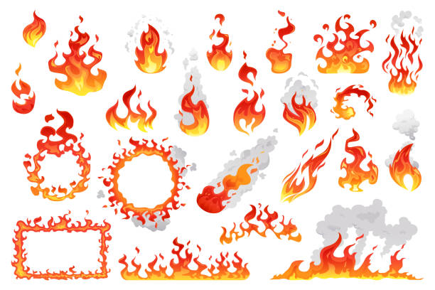 火の炎、明るい火の玉、漫画のキャンプファイヤーヒート孤立したアイコンセット。ベクトルの山火事と赤い熱い焚き火、煙と円の中でアニメーション炎。スパークリング点火、猛烈な可燃� - タバコを吸う イラスト点のイラスト素材／クリップアート素材／マンガ素材／アイコン素材
