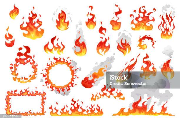 Fire Flames Bright Fireball Cartoon Campfire Heat Isolated Icons Set Vector  Wildfire And Red Hot Bonfire