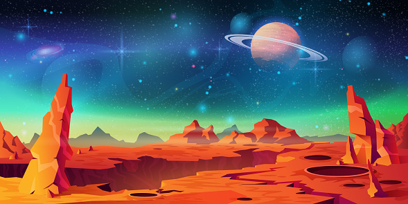 istock Mars surface landscape, alien planet background, Saturn on starry sky. Vector red desert with mountains, craters and shining stars. Martian extraterrestrial computer game backdrop, cartoon world 1300799100