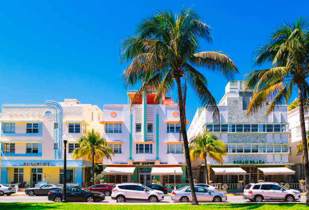 Miami Beach, Ocean Drive Historic district Miami Beach, Ocean Drive with row of hotels art deco photos stock pictures, royalty-free photos & images