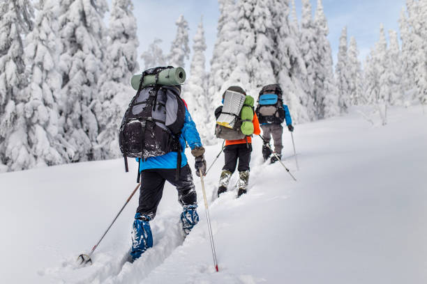 group of skiers hiking with a backpack in winter mountains and forest - dream time imagens e fotografias de stock