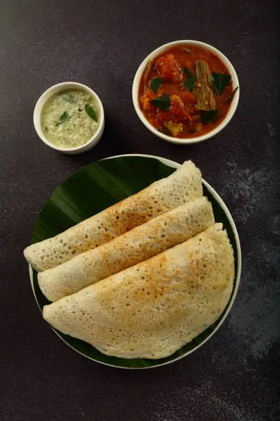 South Indian street foods- fresh cooked dosai with sambar and chutney.