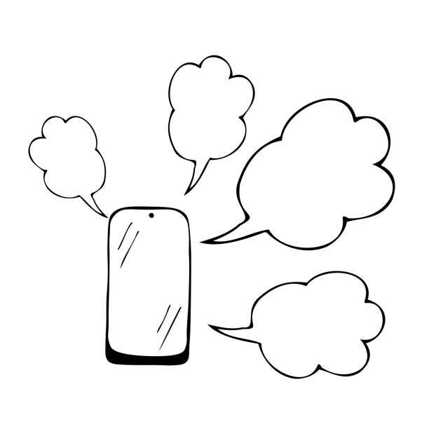 istock Mobile phone, cell phone, and the cloud that stands for phrases and conversations. Doodle vector illustration 1300803962