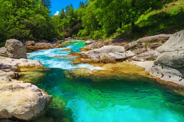 Photo of Emerald color Soca river with rocky shore, Bovec, Slovenia