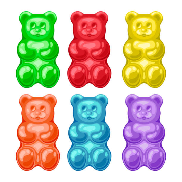 Jelly bears of different colors. Sweet, unhealthy, bad for the teeth food. Dessert, appetizer, children's food. Illustration in cartoon flat style. Isolated on a white background. Jelly bears of different colors. Sweet, unhealthy, bad for the teeth food. Dessert, appetizer, children's food. Illustration in cartoon flat style. Isolated on a white background gummi bears stock illustrations