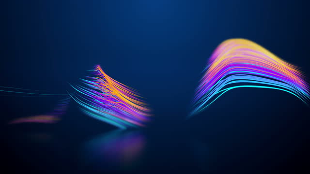 Wavy abstract neon color curves with reflection and blue background template in 4K UHD video loop animation
