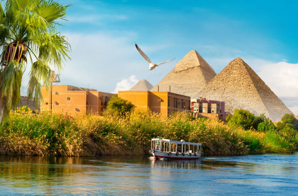 Pyramids near Nile River stock photo