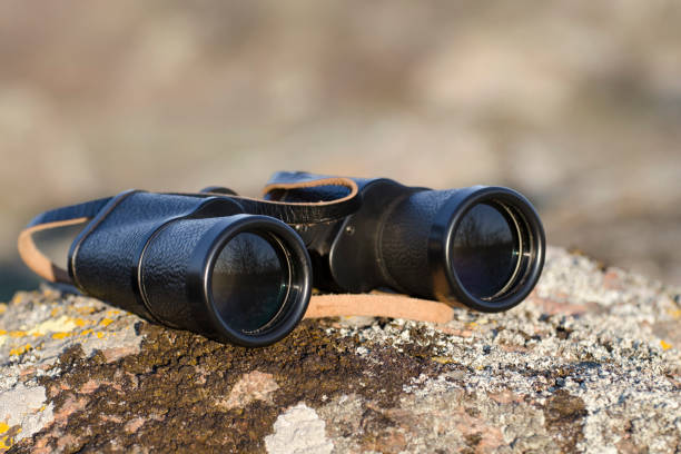 istock Black binoculars on a stone. Equipment for the researcher. Optical devices. 1300812635