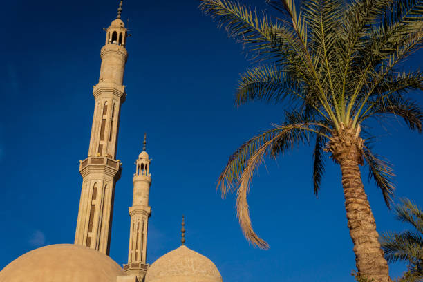 istock Beautiful large Islamic mosque at the sky background 1300814098