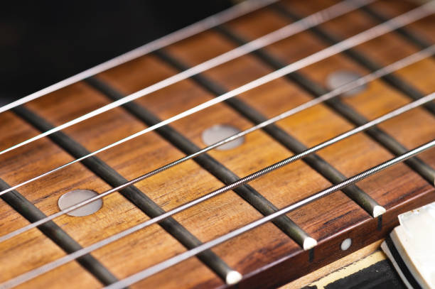 istock Electric guitar strings close-up. Music macro background 1300815283