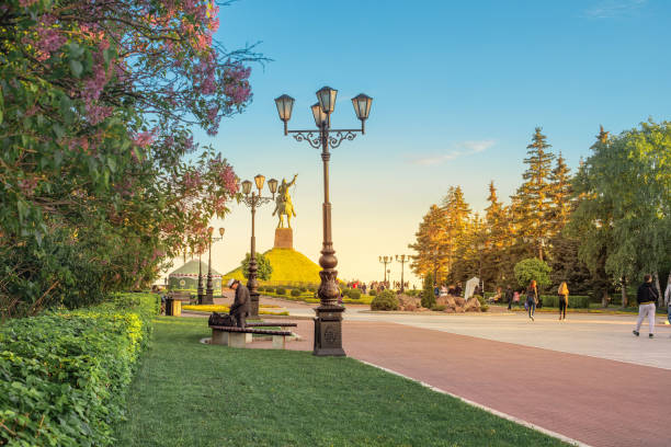 11 May 2020, Ufa, Russia: Central park in Ufa with Salavat Yulaev statue. People resting and having fun