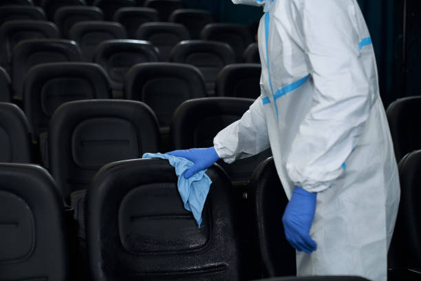 Worker holding rag and wiping chairs in cinema. stock photo