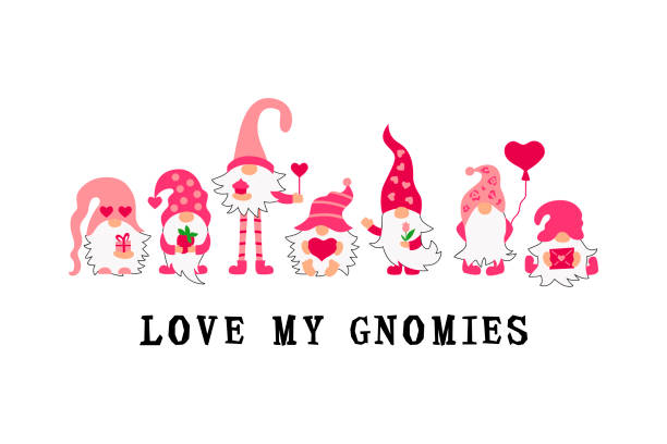 Gnomes with hearts, gifts, cupcake. Gnomes with hearts, gifts, cupcake. Valentine card Vector illustration Gnome stock illustrations