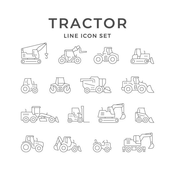 ustawianie ikon linii ciągników - construction machinery machine industrial equipment grader stock illustrations