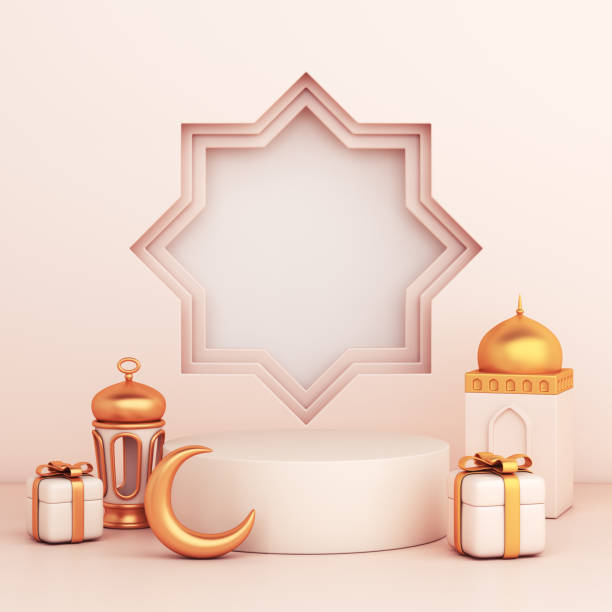 istock Islamic display podium decoration background with mosque, lantern, crescent gift box cartoon style, ramadan kareem, mawlid, iftar, isra miraj, eid al fitr adha, muharram, 3D illustration. 1300818293