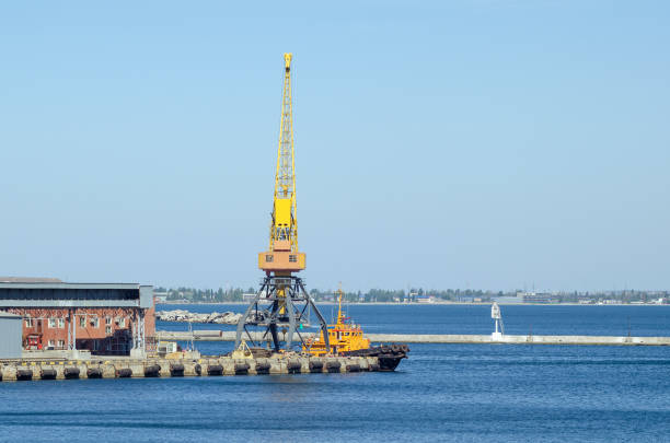 yellow dock cranes under the blue sea