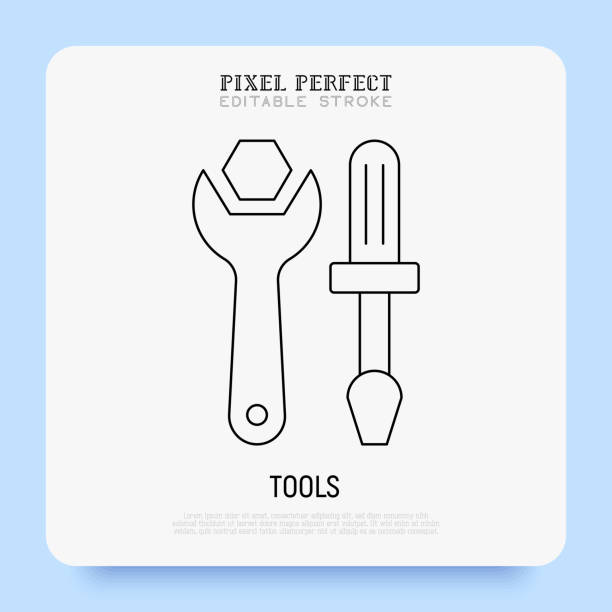 illustrations, cliparts, dessins animés et icônes de outils : tournevis et clé. réparation, réparation, service de support. icône de ligne super mince. pixel parfait, trait modifiable. illustration vectorielle. - repairing computer work tool conformity