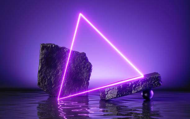 istock 3d render, abstract futuristic background with glowing neon triangle, black stones rocks cobble and reflection in the water. Blank showcase scene for product presentation 1300820934