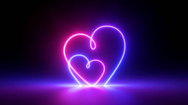 istock 3d render, abstract neon background with two pink blue heart frames. Modern minimal line art. Valentines Day romantic signs glowing in the dark 1300821070
