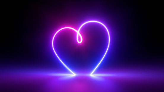 3d render, abstract ultraviolet background with neon heart frame. Modern minimal line art. Valentines Day romantic symbol glowing in the dark