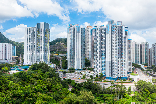 The appearance of tall residental apartment buildings in Hong Kong