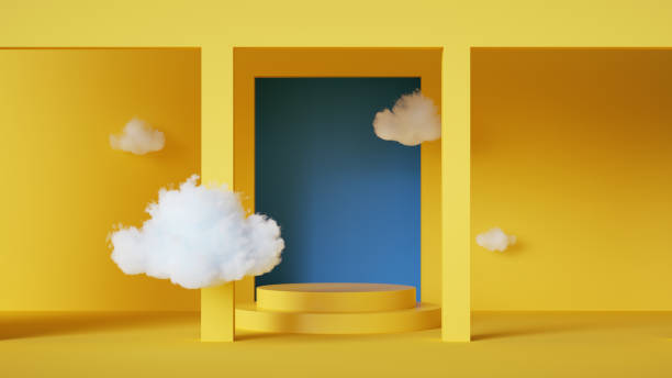 istock 3d render, abstract background with levitating clouds inside the yellow room with blue window. Simple geometric showcase scene with empty platform for product presentation 1300821177