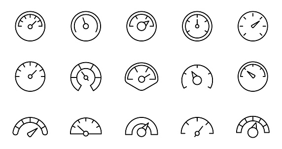 Speedometer icon set. Gauge, dashboard, indicator, scale. Vector thin line icons.