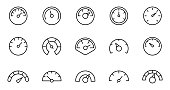 Speedometer icon set. Gauge, dashboard, indicator, scale. Vector thin line icons.