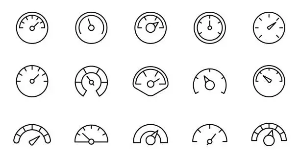 Vector illustration of Speedometer icon set. Gauge, dashboard, indicator, scale. Vector thin line icons.