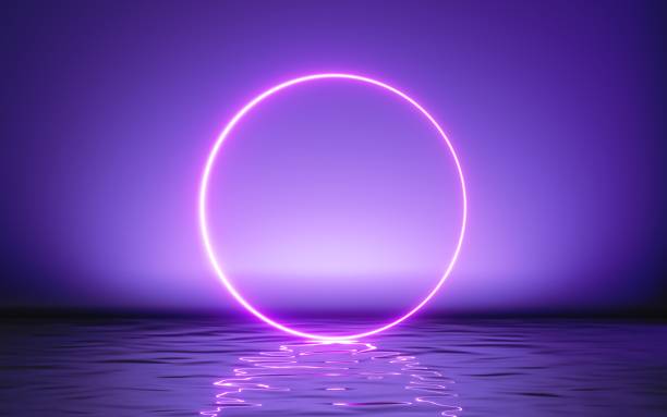 istock 3d render, abstract geometric background, glowing pink ring, neon round frame and reflection in the water. Minimal futuristic blank showcase scene for product presentation 1300821983
