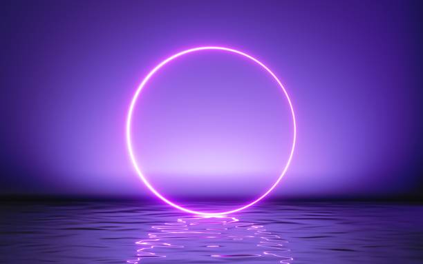 3d render, abstract geometric background, glowing pink ring, neon round frame and reflection in the water. minimal futuristic blank showcase scene for product presentation - circle of stones imagens e fotografias de stock