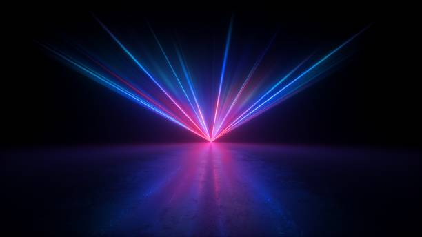 istock 3d render, digital illustration. Abstract neon background. Bright projector shining on the dark empty stage, glowing pink blue laser rays in the dark 1300822110