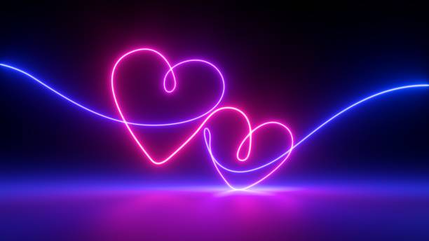istock 3d render, abstract neon background with two glowing hearts linked together with one line. Modern minimal line art. Valentines Day romantic symbols 1300822161