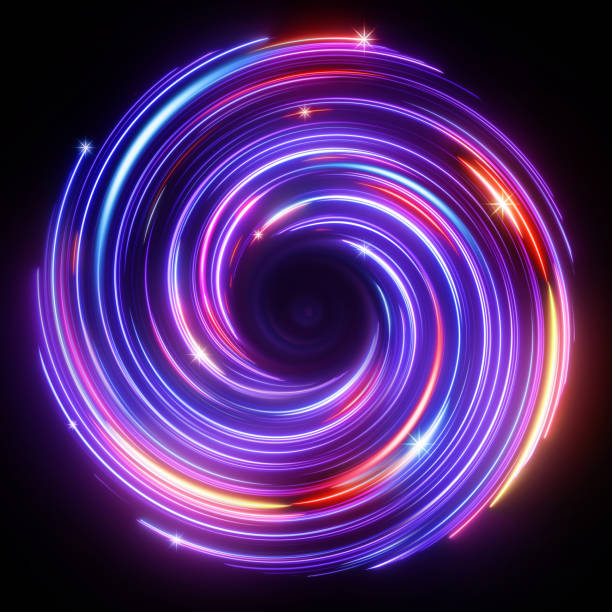 istock 3d render, abstract cosmic background with galaxy and stars. Round vortex. Pink blue neon lines spinning around the black hole 1300822202