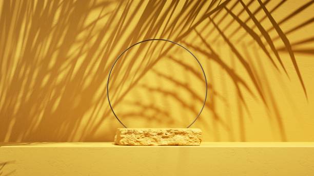 istock 3d render, abstract sunny yellow background with tropical palm leaf shadow and bright sunlight. Minimal scene with cobblestone stage and round frame for organic cosmetic product presentation 1300822240