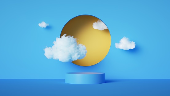 3d render, abstract blue background with white clouds and yellow round hole. Simple geometric showcase scene with empty podium stage for product presentation