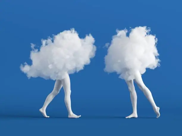 Photo of 3d render. Couple of abstract white clouds with mannequin legs. Soul mate metaphor. Social role play. Partners interaction. Minimal surreal clip art isolated on blue background