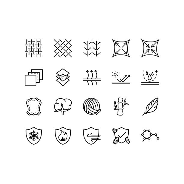 fabric- und layered-material-bezogene vektorsymbole. kleidung eigenschaften symbole. enthält symbole wie baumwolle, wolle, wasserdicht, winddicht und mehr. bearbeitbarer strich - stoff stock-grafiken, -clipart, -cartoons und -symbole