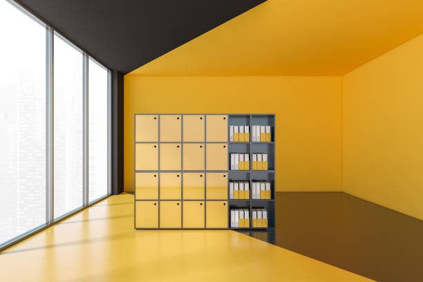 istock Yellow and grey office lockers in yellow and grey empty office room 1300823613