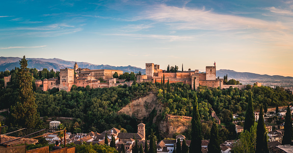 Granada, Spain - May 1, 2023: daytime panoramic view of the Alhambra (Granada, Spain).