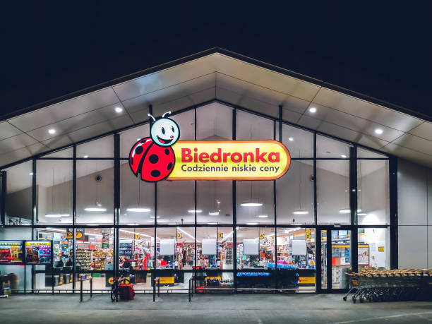 Biedronka - one of the largest chain supermarkets in Poland. Poznan, Poland - February 2021