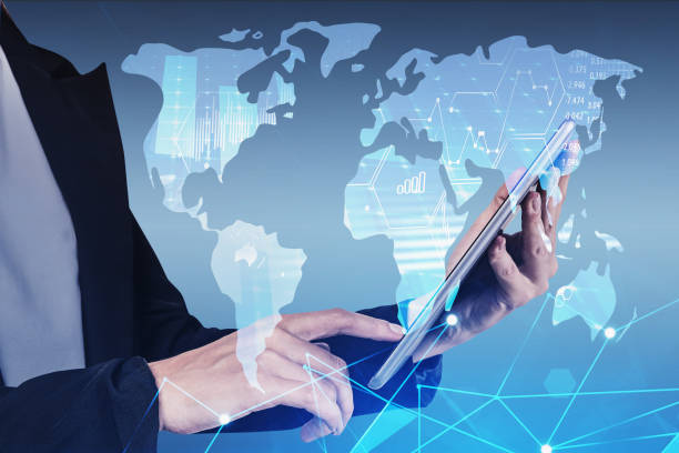 istock Woman with tablet, graphs and map 1300824489