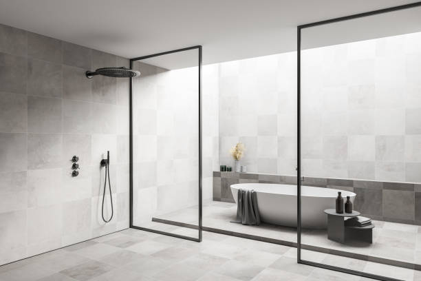 istock White bathroom corner with tub and shower 1300825211