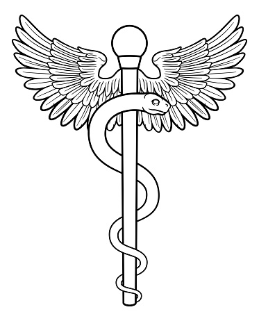 Rod of Asclepius or Aesculapius doctor medical symbol, often mislabelled as a caduceus. Features a snake curled around a staff. Also in this case features wings.