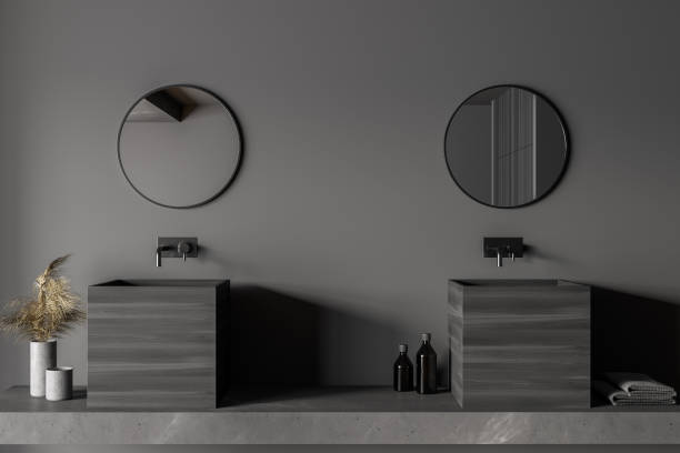 istock Marble and gray bathroom with double sink 1300825408