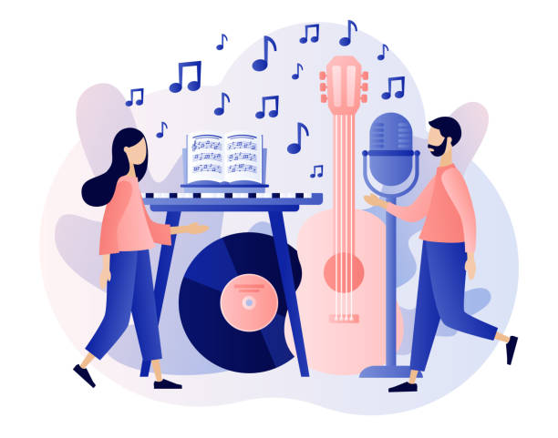 Music and vocal lessons. Tiny musicians with microphone, guitar, music notebook, keyboard. Online education. Modern flat cartoon style. Vector illustration on white background Music and vocal lessons. Tiny musicians with microphone, guitar, music notebook, keyboard. Online education. Modern flat cartoon style. Vector illustration music class stock illustrations